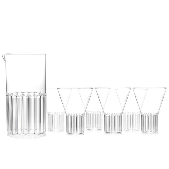 Designer glassware set for the contemporary kitchen that includes one carafe and six glasses.