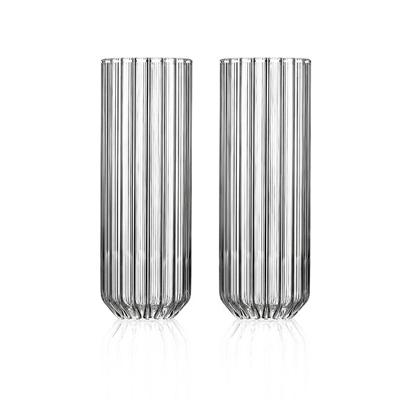 Set of two modern designer tall glasses in fluted glass by Felicia Ferrone.