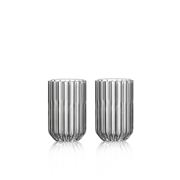 Set of designer shot glasses in fluted glass, for espresso and liqueur by Felicia Ferrone.