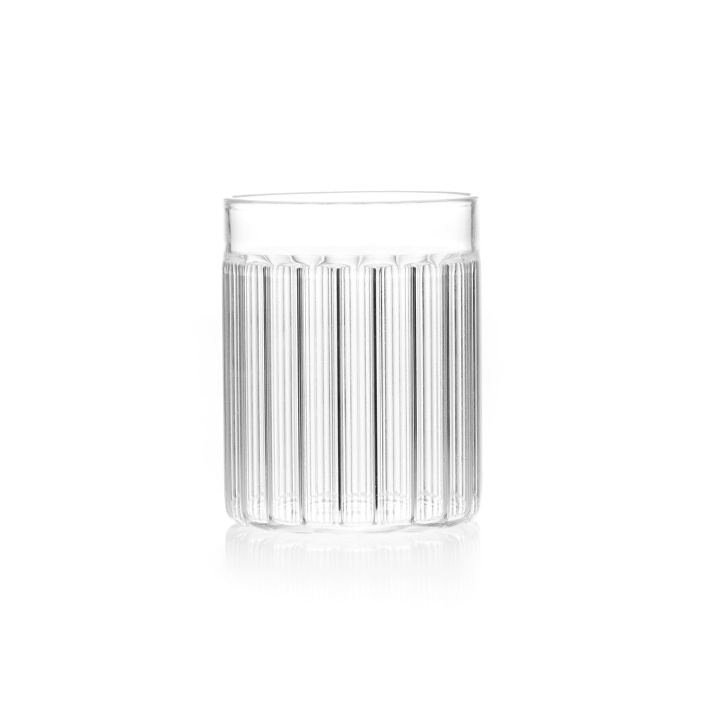 Fluted, designer tumbler glass for contemporary kitchen.