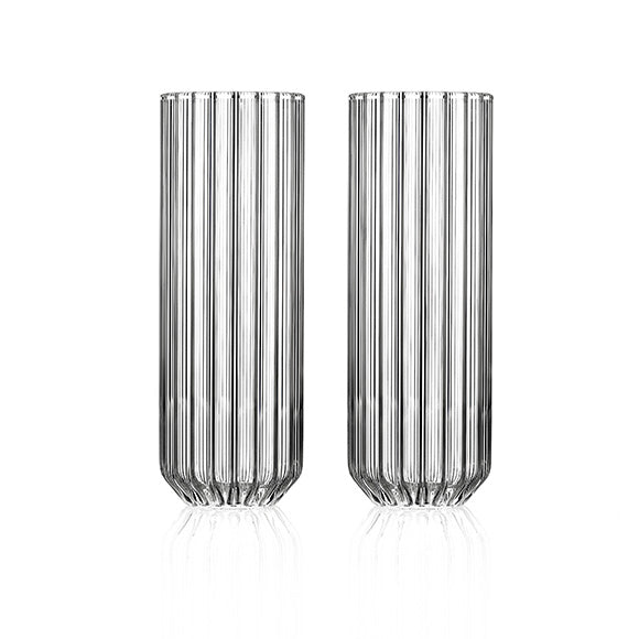 Set of two modern designer tall glasses in fluted glass by Felicia Ferrone. 