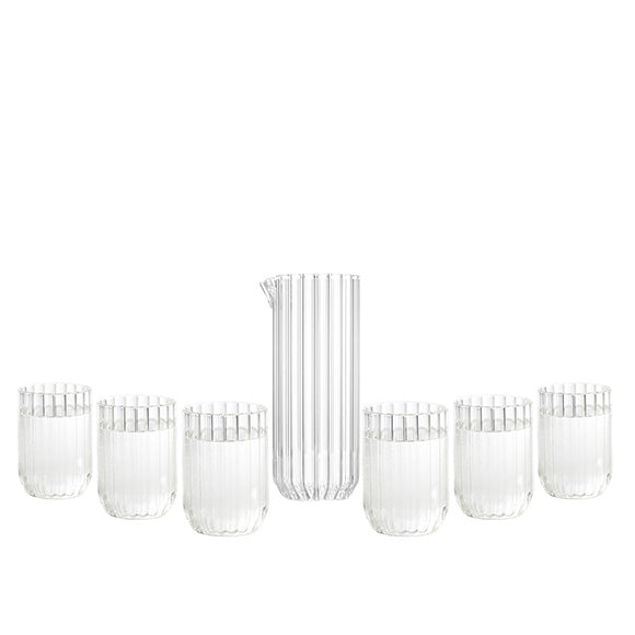 Modern designer glassware set with fluted carafe and six fluted glasses by Felicia Ferrone