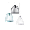 Three hanging lamps in black, turquoise that resemble bird cages. 