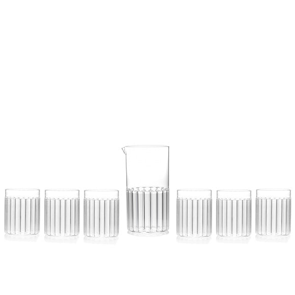 Designer glassware set for contemporary kitchen. One carafe and six tumbler glasses. 