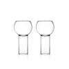 A set of two clear glass wine glasses with a geometric design, featuring a spherical bowl and a cylindrical stem.