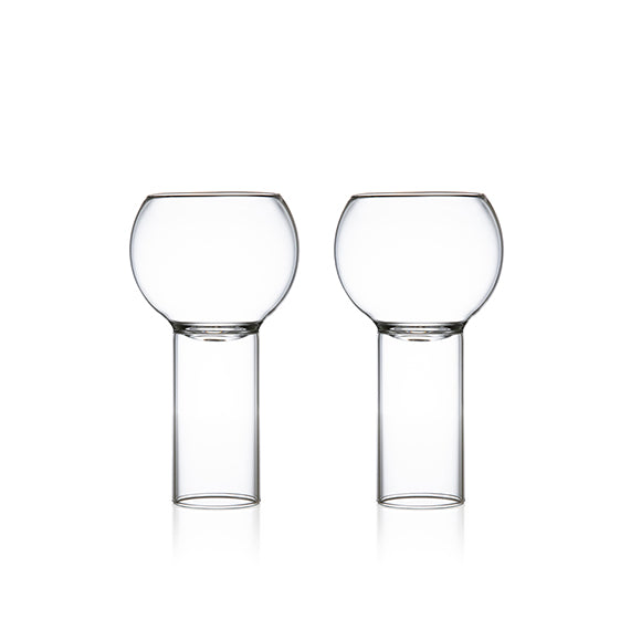 A set of two clear glass wine glasses with a geometric design, featuring a spherical bowl and a cylindrical stem.