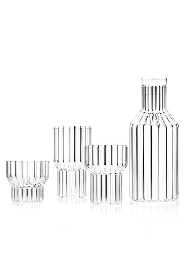 An image of the fluted glassware in the empty and clear Boyd Collection, created by designer Felicia Ferrone. 
